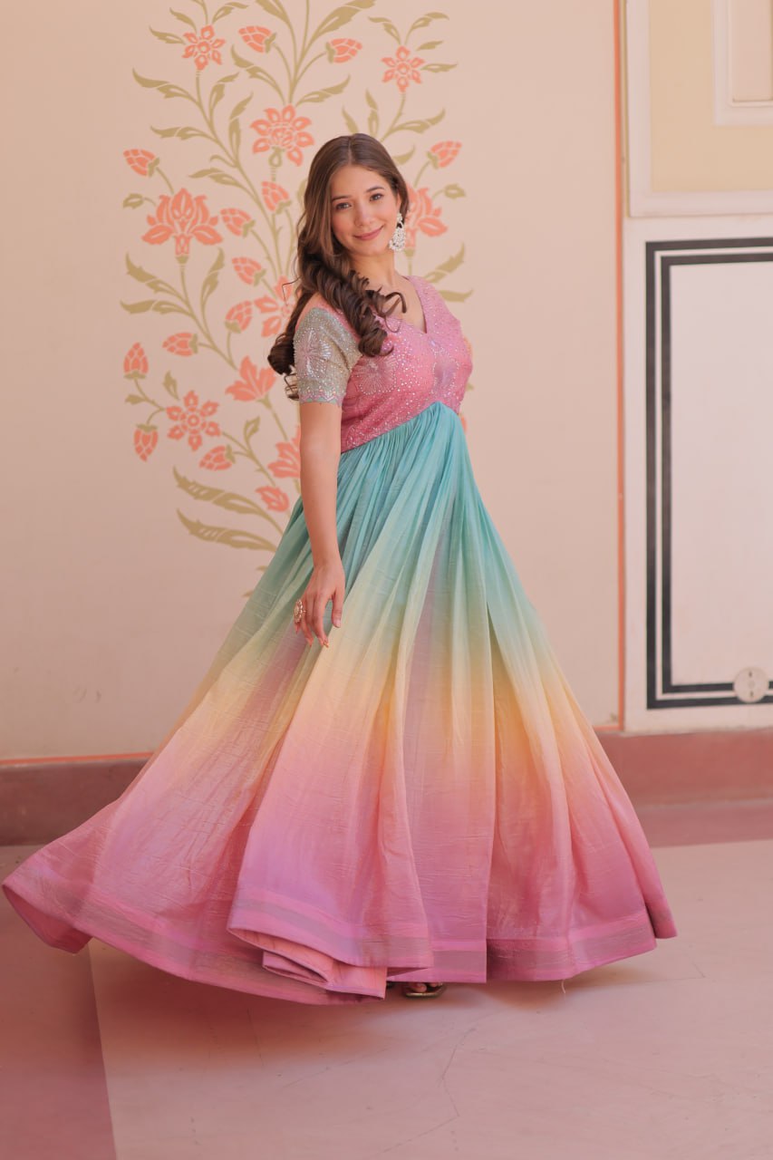 Rainbow Elegant Gold Crush Beads Embroidered Gown – Fully Stitched with Canvas Patta