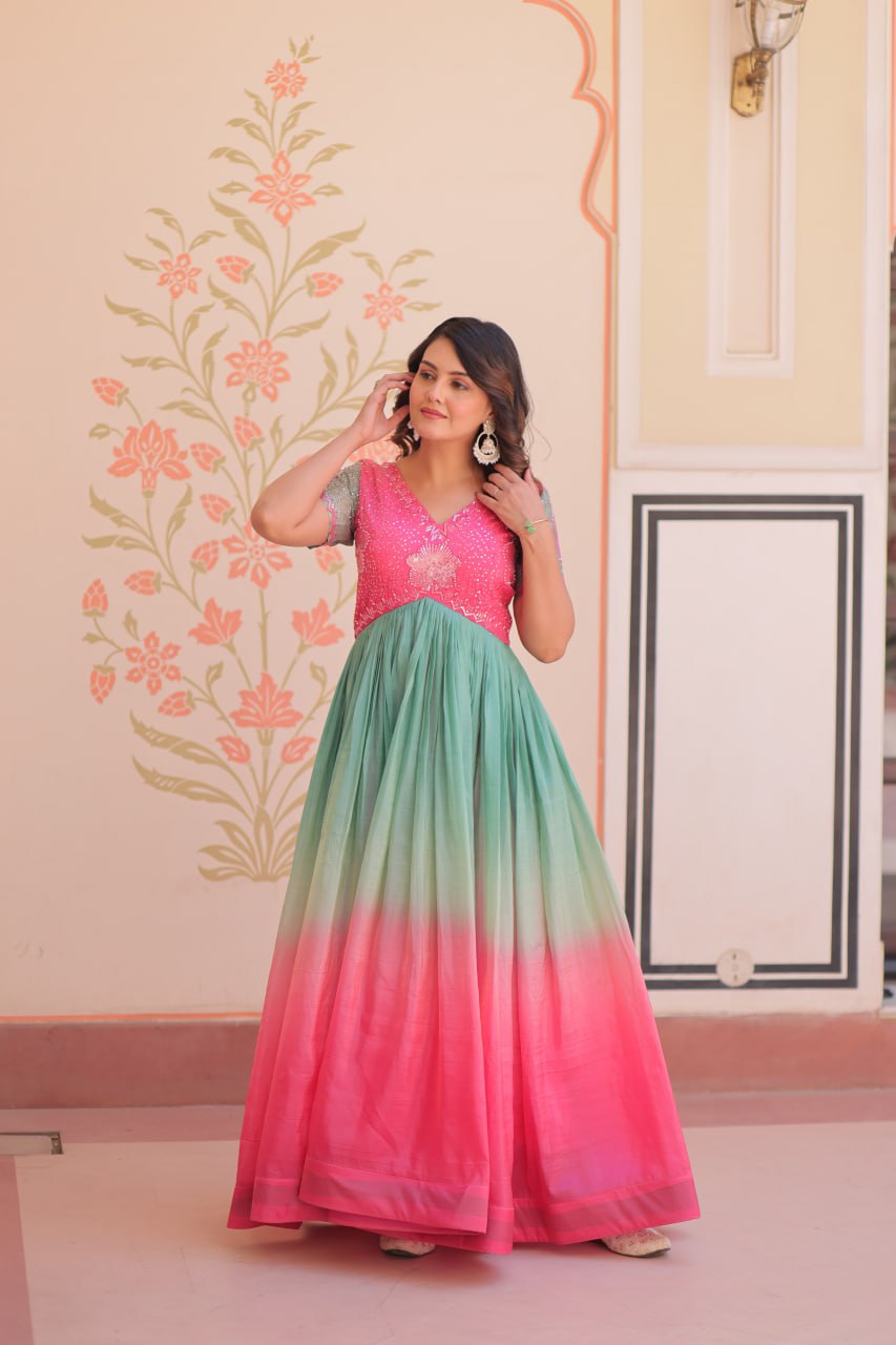 Rainbow Elegant Gold Crush Beads Embroidered Gown – Fully Stitched with Canvas Patta