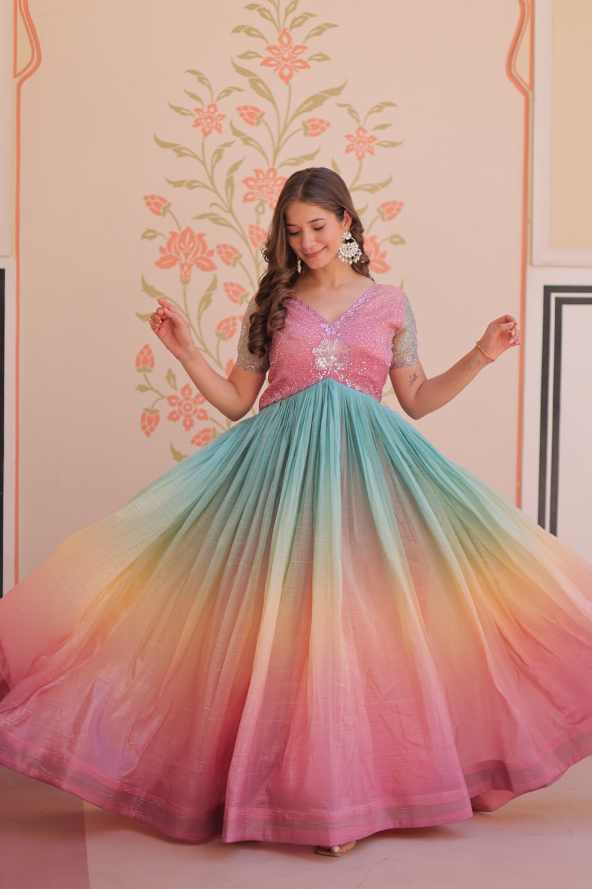 Rainbow Elegant Gold Crush Beads Embroidered Gown – Fully Stitched with Canvas Patta