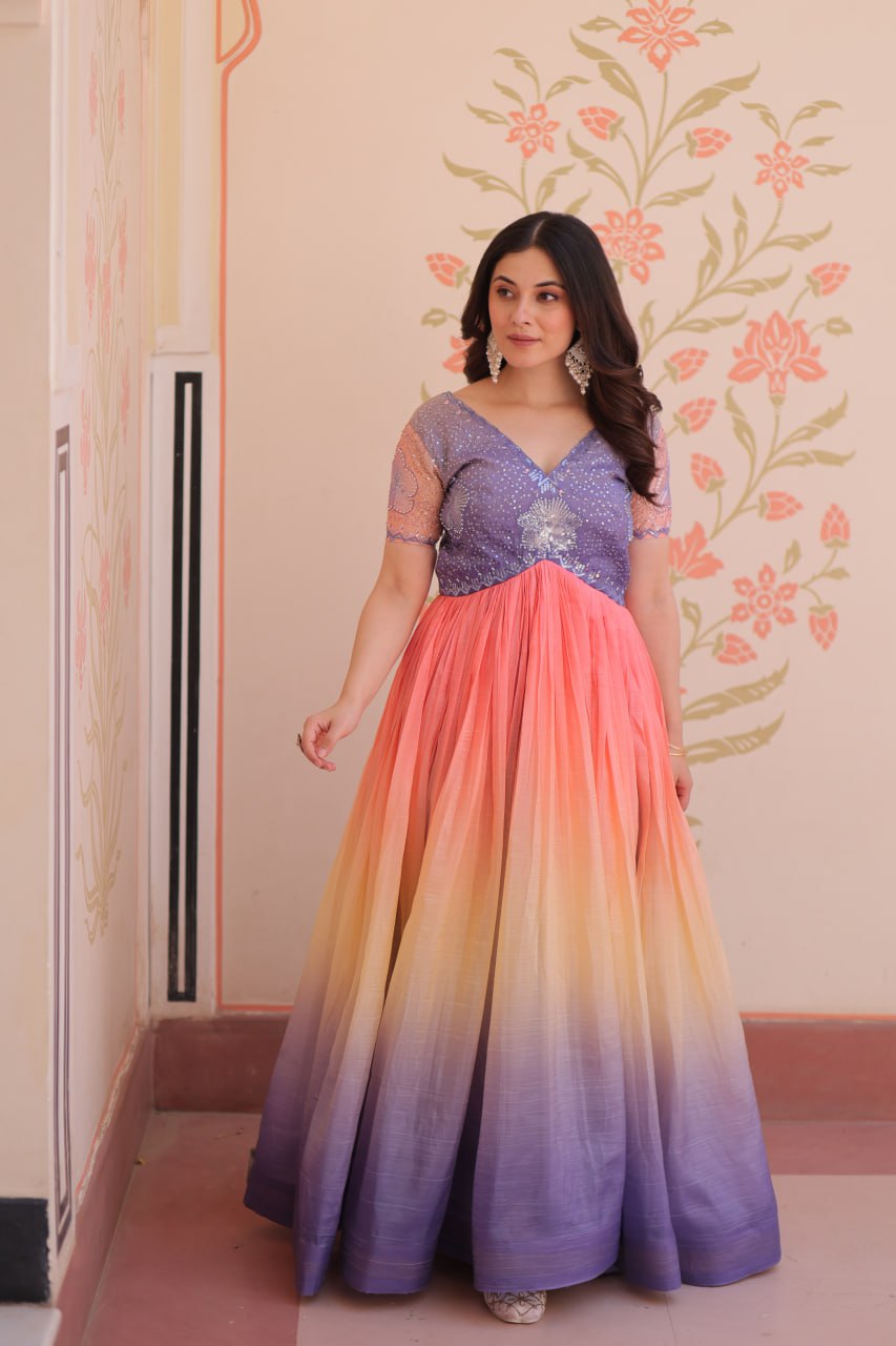 Rainbow Elegant Gold Crush Beads Embroidered Gown – Fully Stitched with Canvas Patta