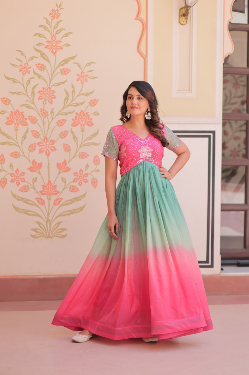 Rainbow Elegant Gold Crush Beads Embroidered Gown – Fully Stitched with Canvas Patta