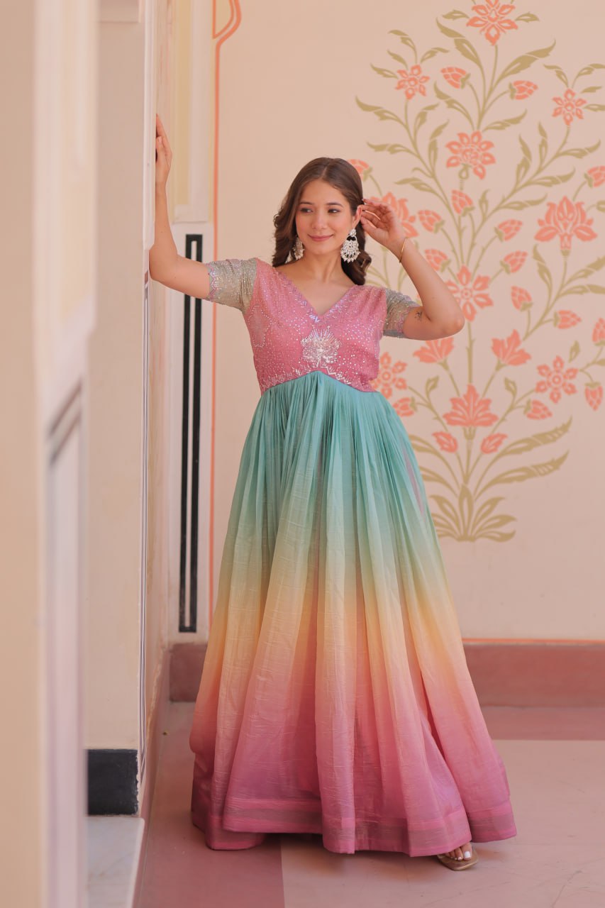 Rainbow Elegant Gold Crush Beads Embroidered Gown – Fully Stitched with Canvas Patta