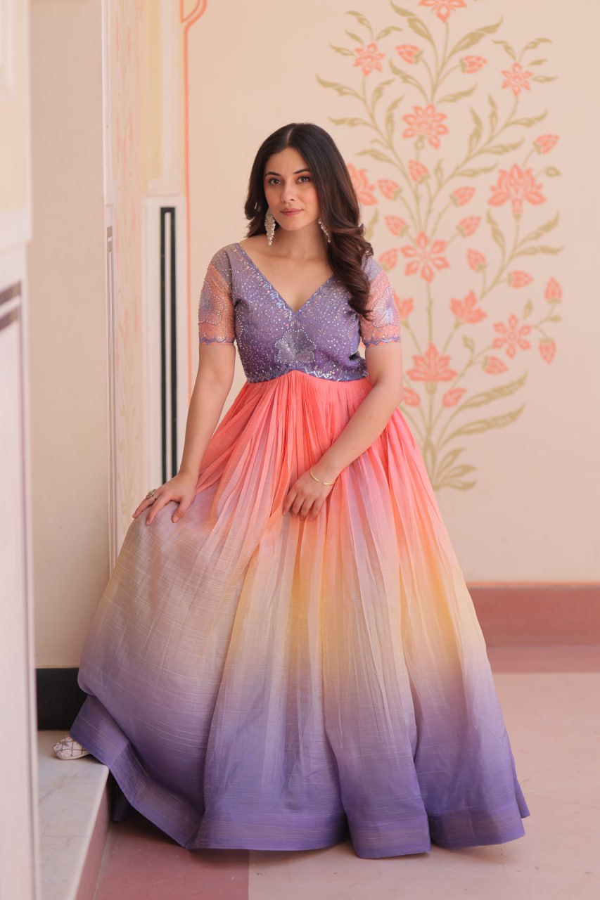 Rainbow Elegant Gold Crush Beads Embroidered Gown – Fully Stitched with Canvas Patta
