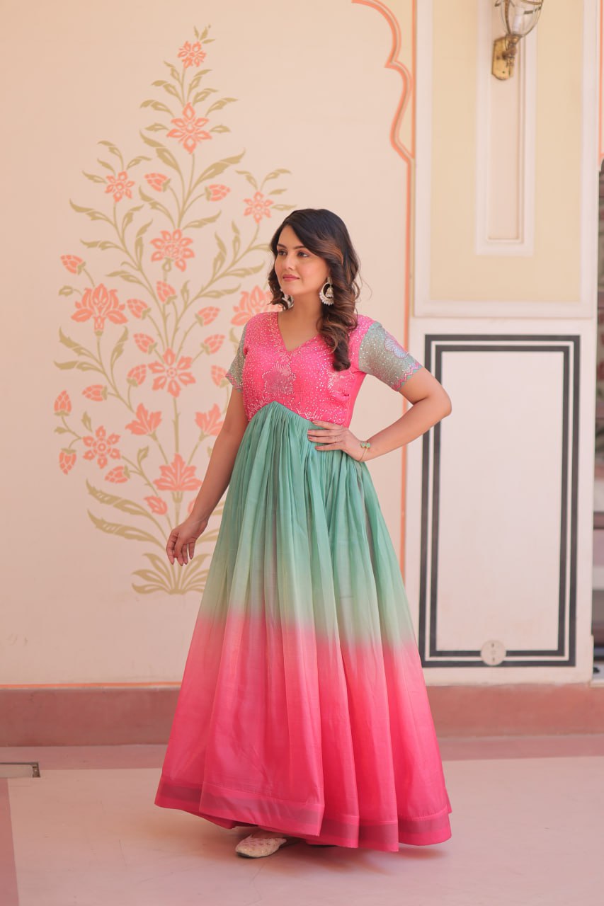 Rainbow Elegant Gold Crush Beads Embroidered Gown – Fully Stitched with Canvas Patta
