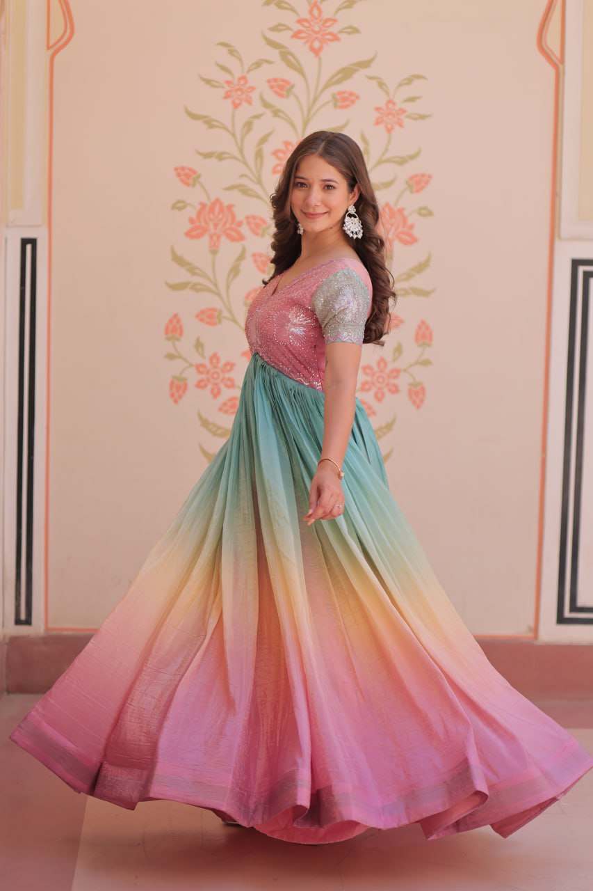 Rainbow Elegant Gold Crush Beads Embroidered Gown – Fully Stitched with Canvas Patta