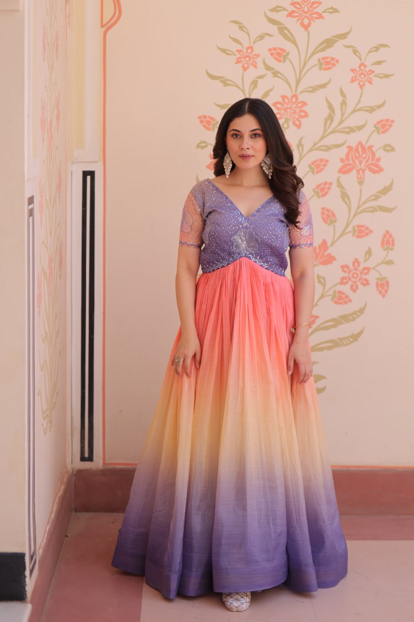 Rainbow Elegant Gold Crush Beads Embroidered Gown – Fully Stitched with Canvas Patta