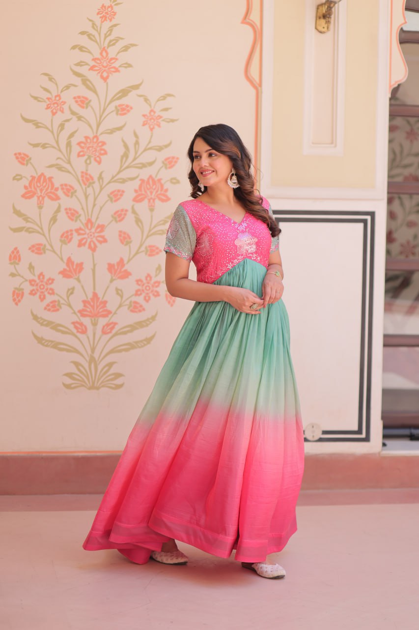 Rainbow Elegant Gold Crush Beads Embroidered Gown – Fully Stitched with Canvas Patta