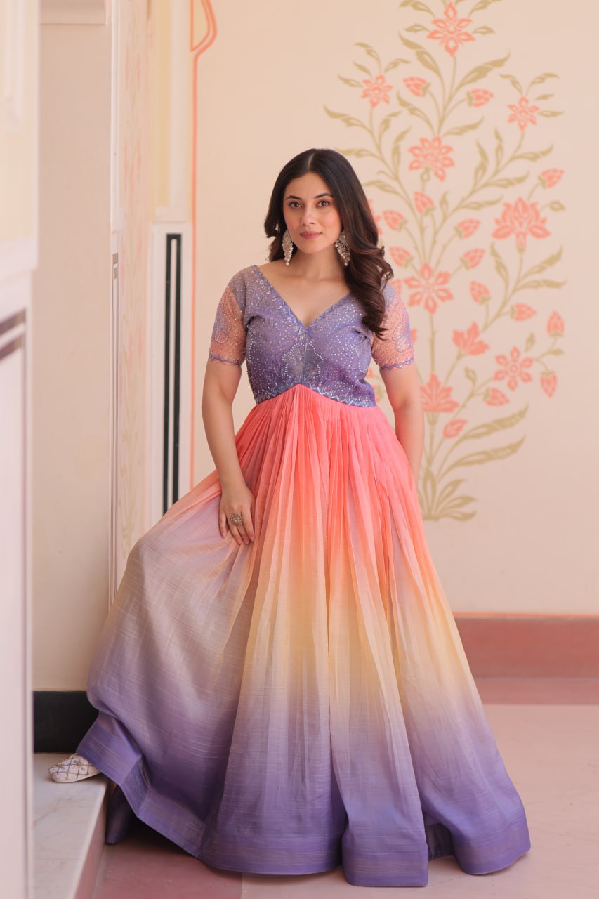 Rainbow Elegant Gold Crush Beads Embroidered Gown – Fully Stitched with Canvas Patta