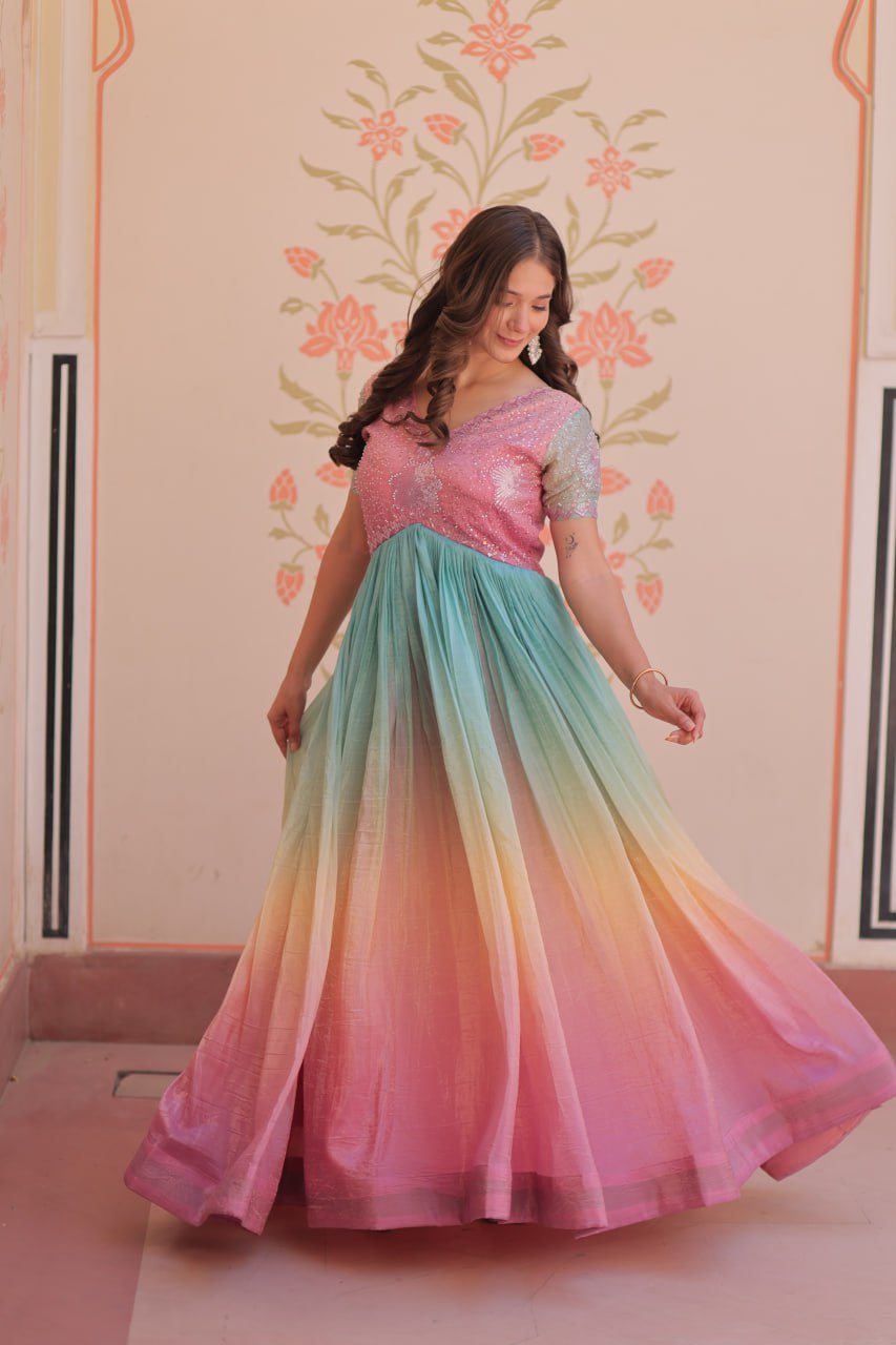 Rainbow Elegant Gold Crush Beads Embroidered Gown – Fully Stitched with Canvas Patta