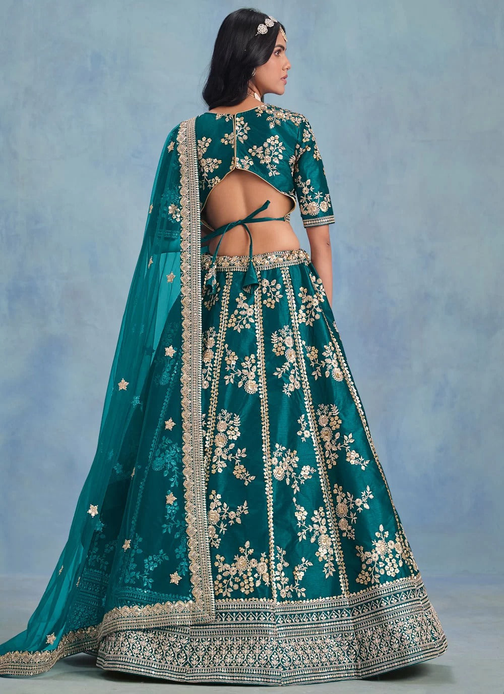 Elegant rama art silk embroidered wedding wear lehenga with net dupatta
