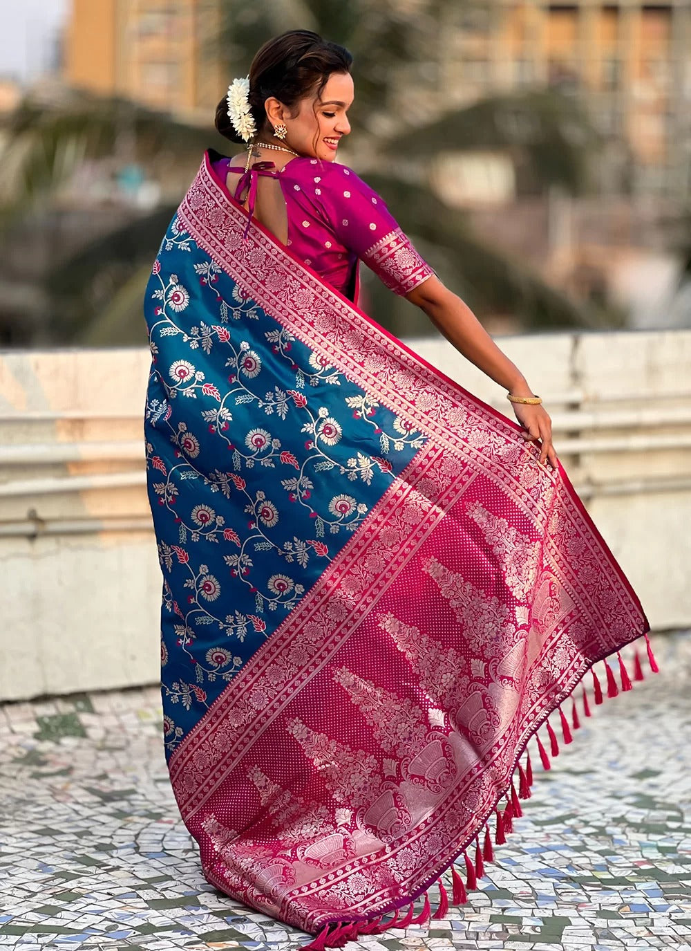 Elegant rama banarasi soft silk saree with zari weaving