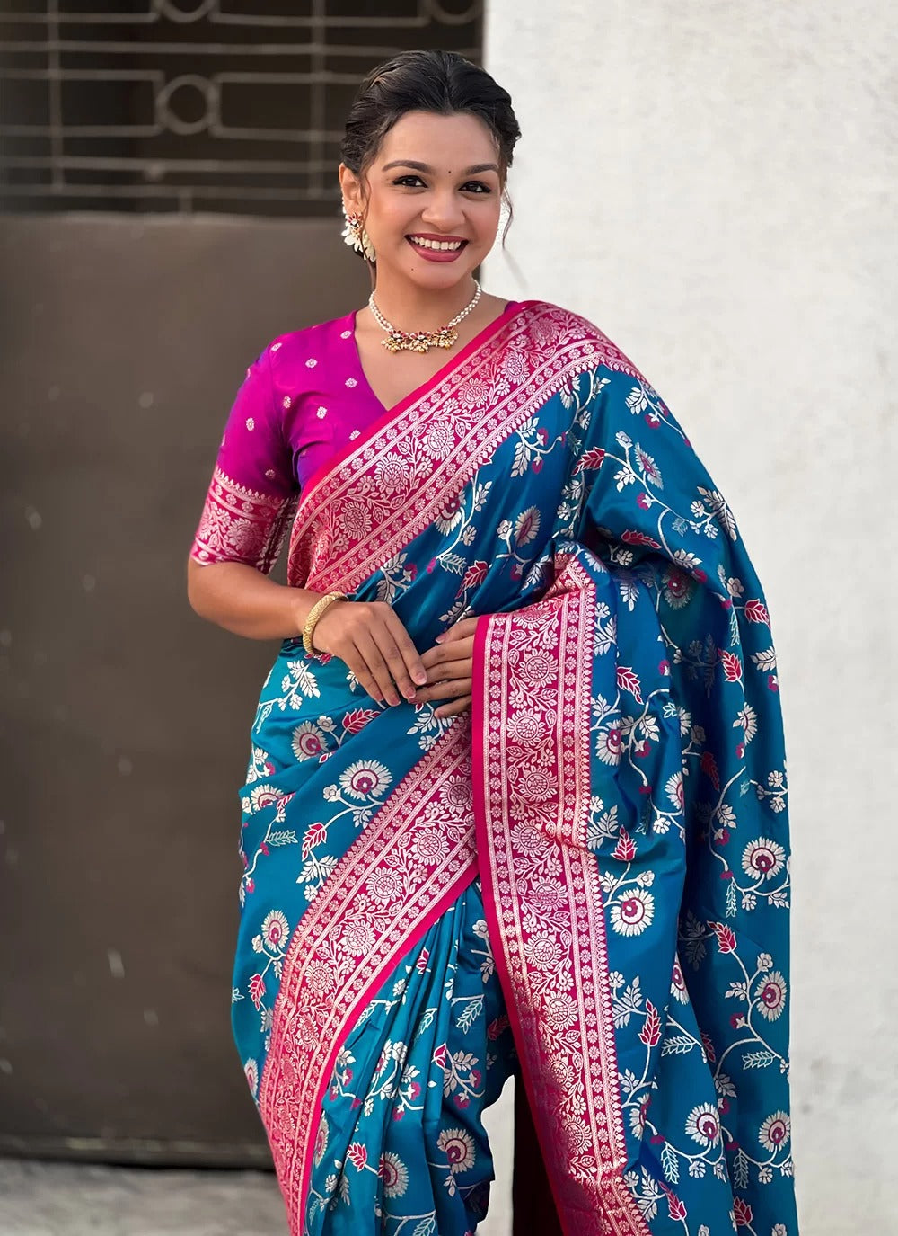 Elegant rama banarasi soft silk saree with zari weaving