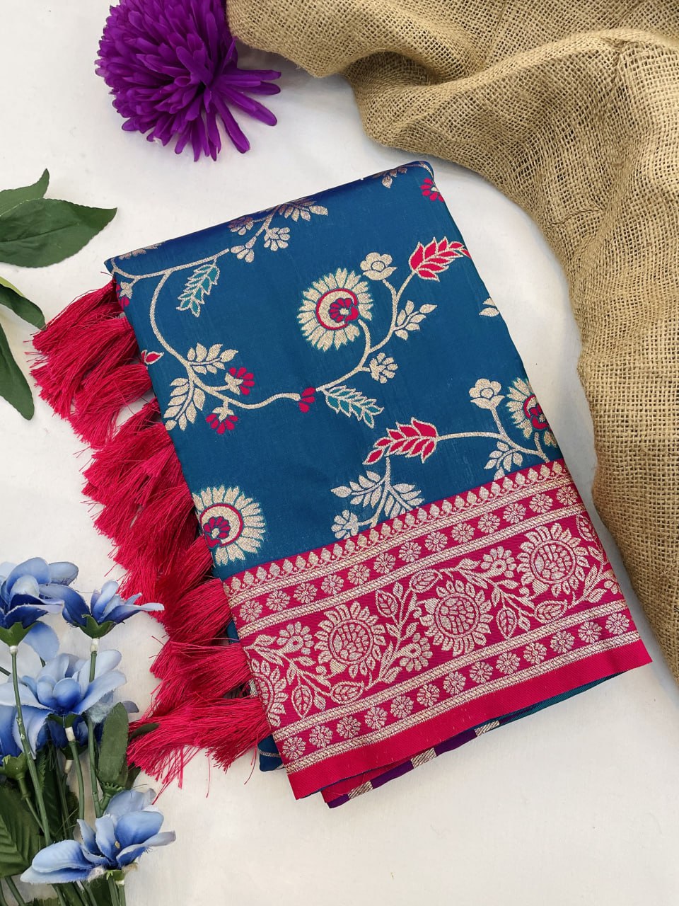 Elegant rama banarasi soft silk saree with zari weaving