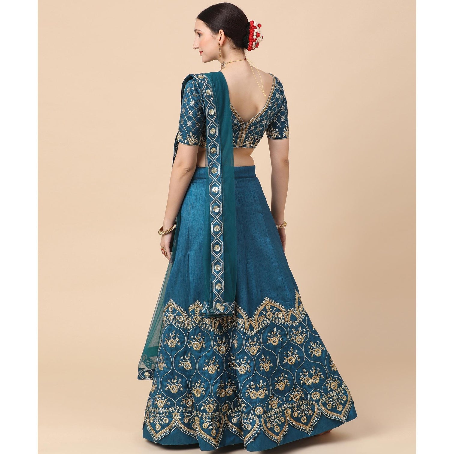Rama Blue Party Wear Sequins Embroidered Satin Lehenga Choli