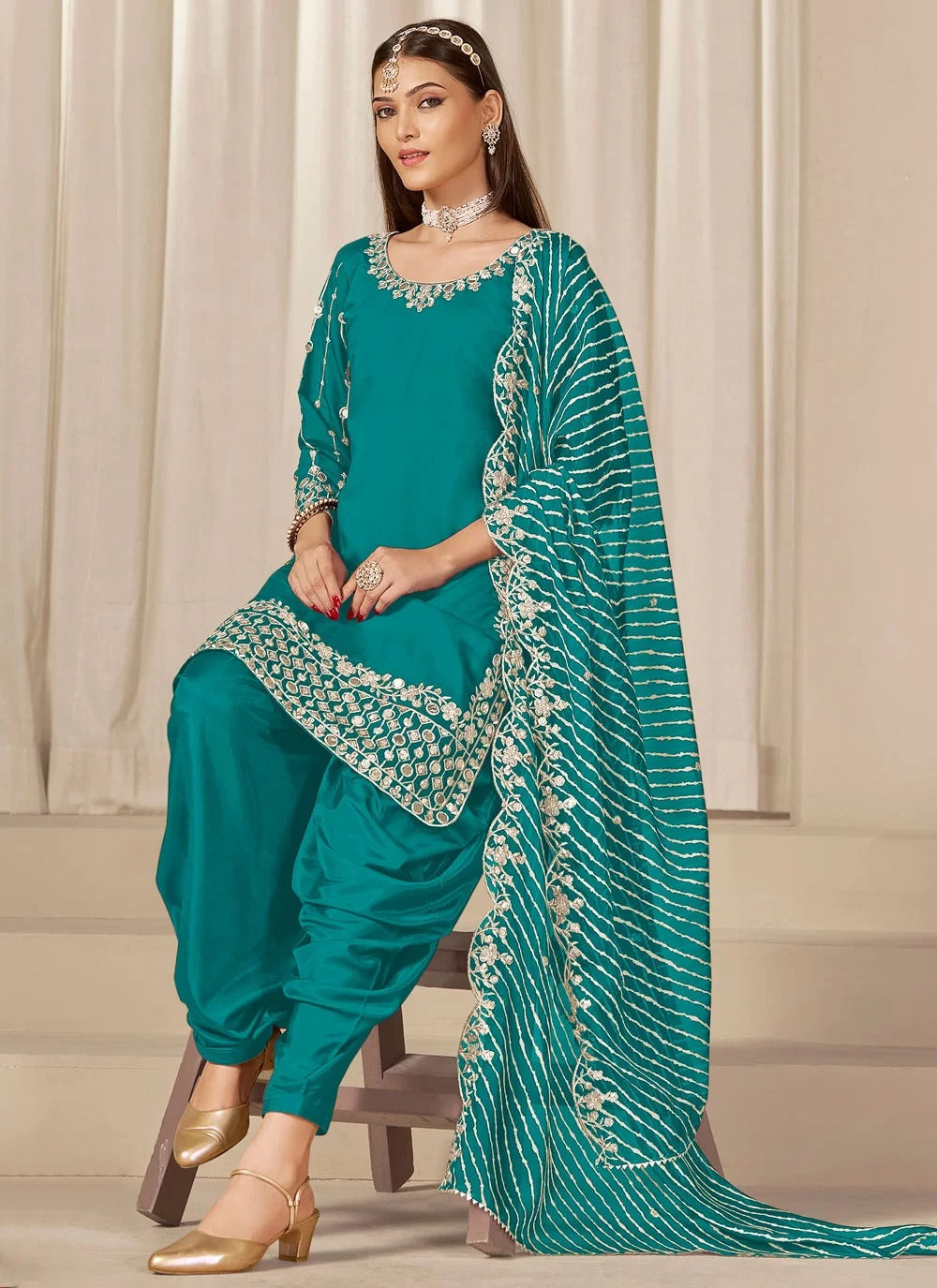 Radiant rama chanderi silk punjabi suit with mirror embroidery