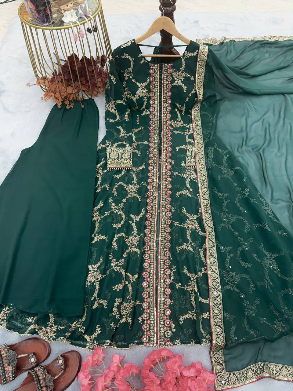 Rama Clour Elegant Party Wear Fancy Gown, Dupatta & Plazzo Set – Embroidered  Ensemble