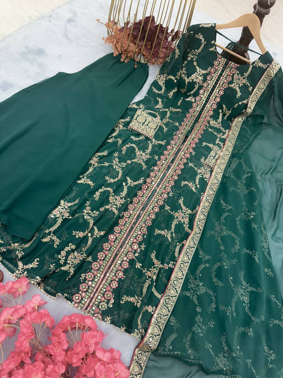 Rama Clour Elegant Party Wear Fancy Gown, Dupatta & Plazzo Set – Embroidered  Ensemble