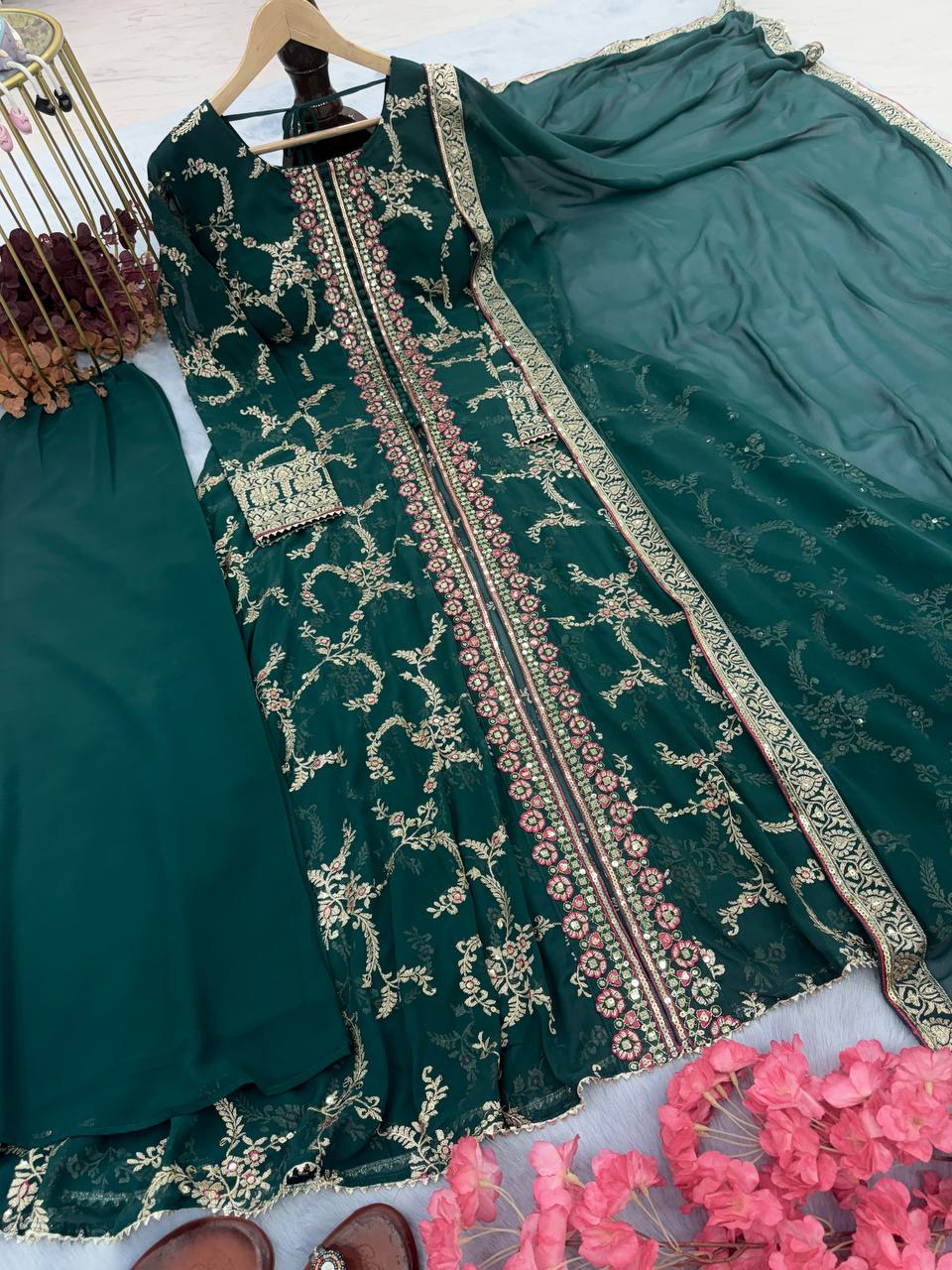 Rama Clour Elegant Party Wear Fancy Gown, Dupatta & Plazzo Set – Embroidered  Ensemble