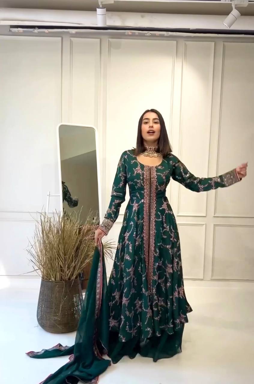 Rama Clour Elegant Party Wear Fancy Gown, Dupatta & Plazzo Set – Embroidered  Ensemble
