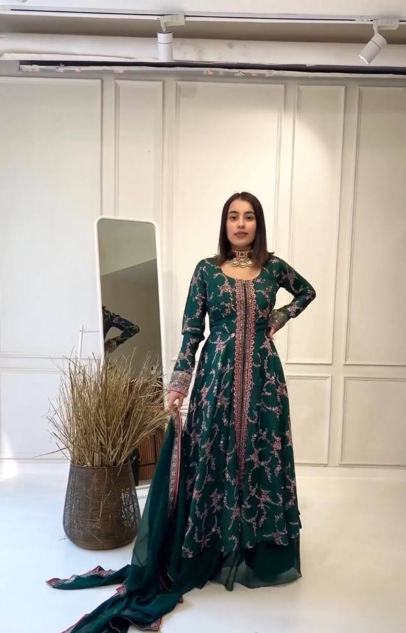 Rama Clour Elegant Party Wear Fancy Gown, Dupatta & Plazzo Set – Embroidered  Ensemble