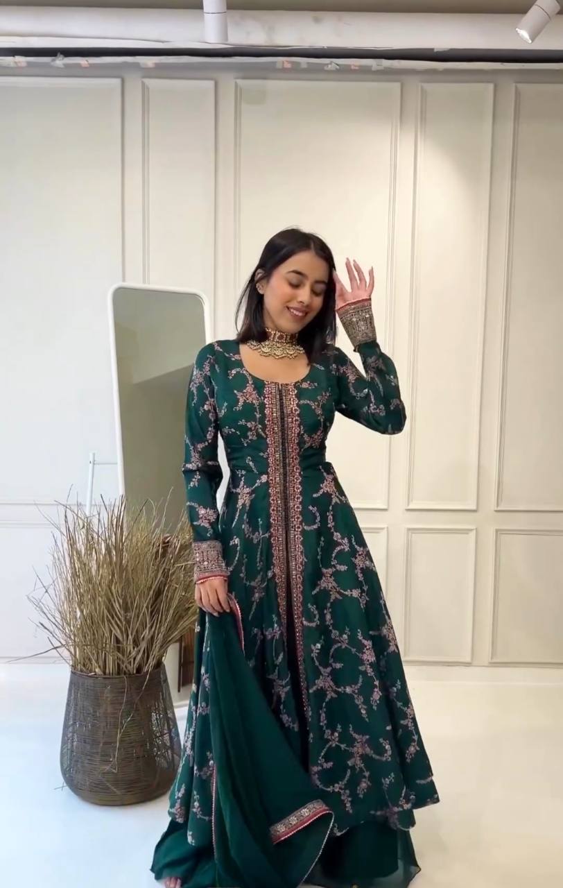 Rama Clour Elegant Party Wear Fancy Gown, Dupatta & Plazzo Set – Embroidered  Ensemble