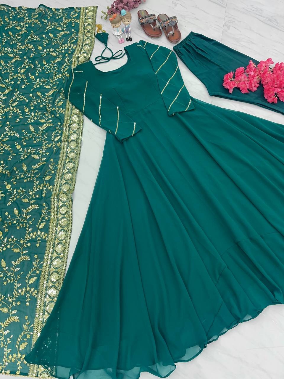 Rama Colour Elegant Party Wear Gown, Dupatta & Bottom Set – Sophisticated Style