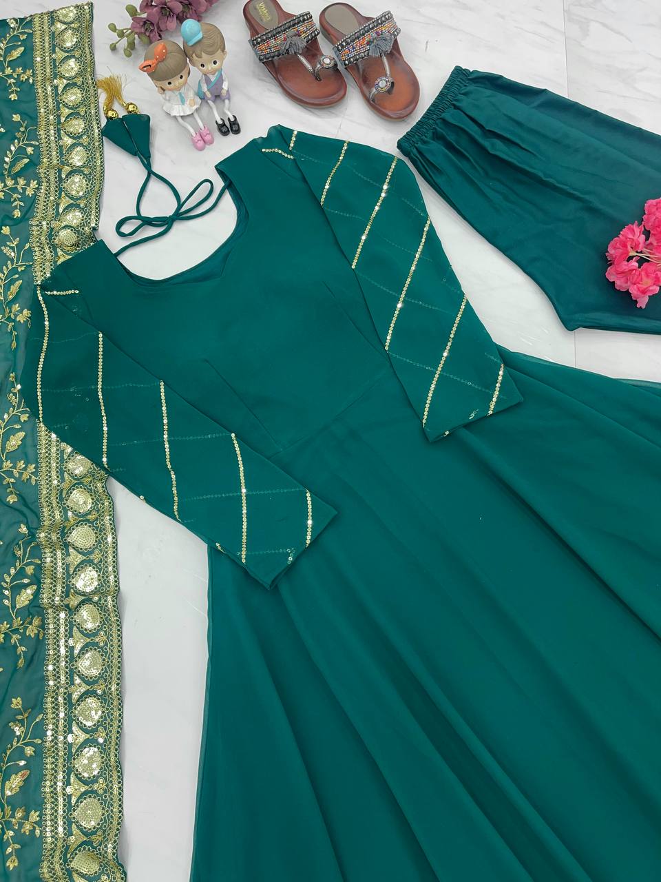 Rama Colour Elegant Party Wear Gown, Dupatta & Bottom Set – Sophisticated Style