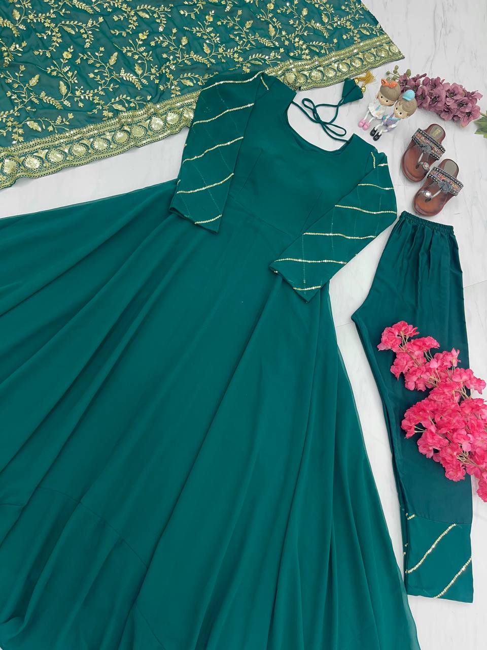 Rama Colour Elegant Party Wear Gown, Dupatta & Bottom Set – Sophisticated Style
