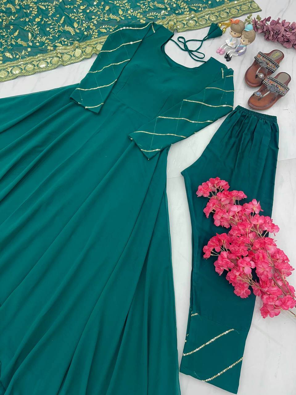 Rama Colour Elegant Party Wear Gown, Dupatta & Bottom Set – Sophisticated Style