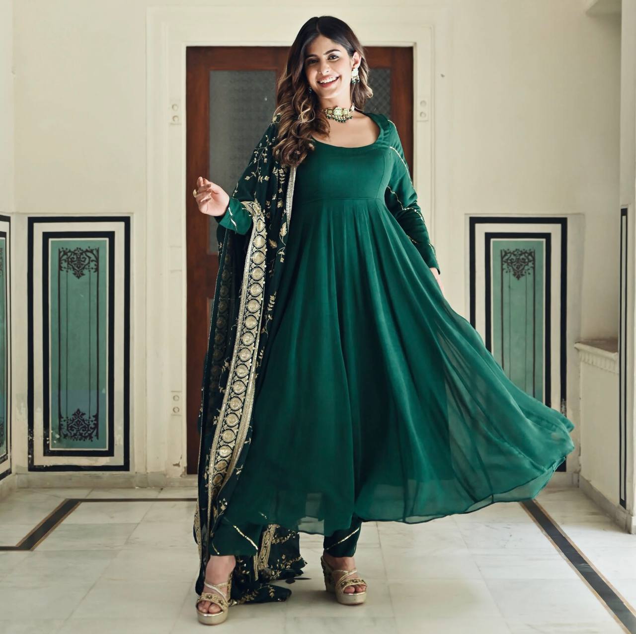 Rama Colour Elegant Party Wear Gown, Dupatta & Bottom Set – Sophisticated Style