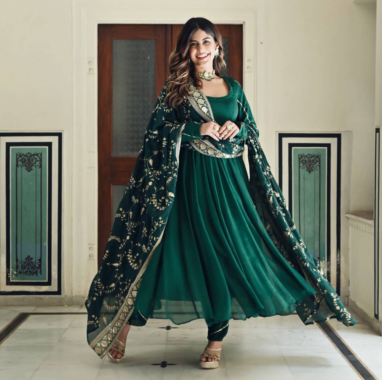 Rama Colour Elegant Party Wear Gown, Dupatta & Bottom Set – Sophisticated Style