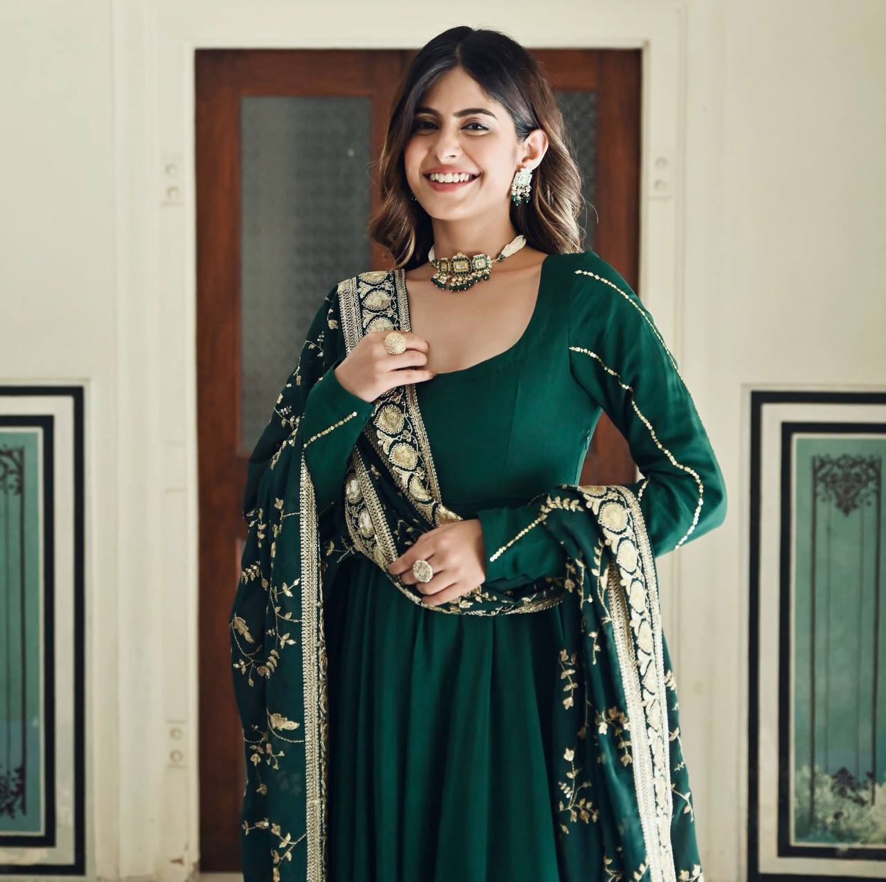 Rama Colour Elegant Party Wear Gown, Dupatta & Bottom Set – Sophisticated Style