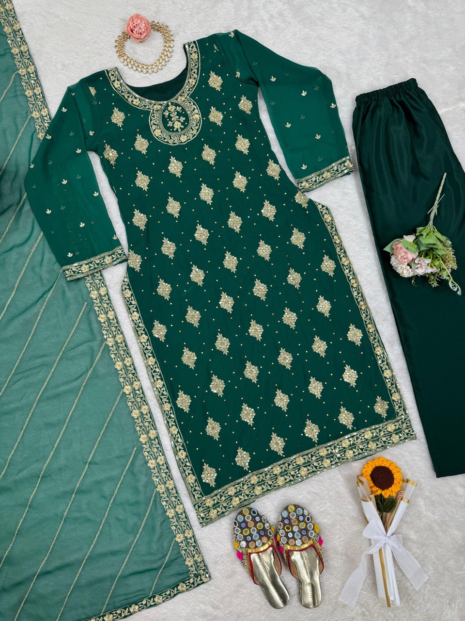 Bottle Green Elegant Threadwork Georgette Ensemble