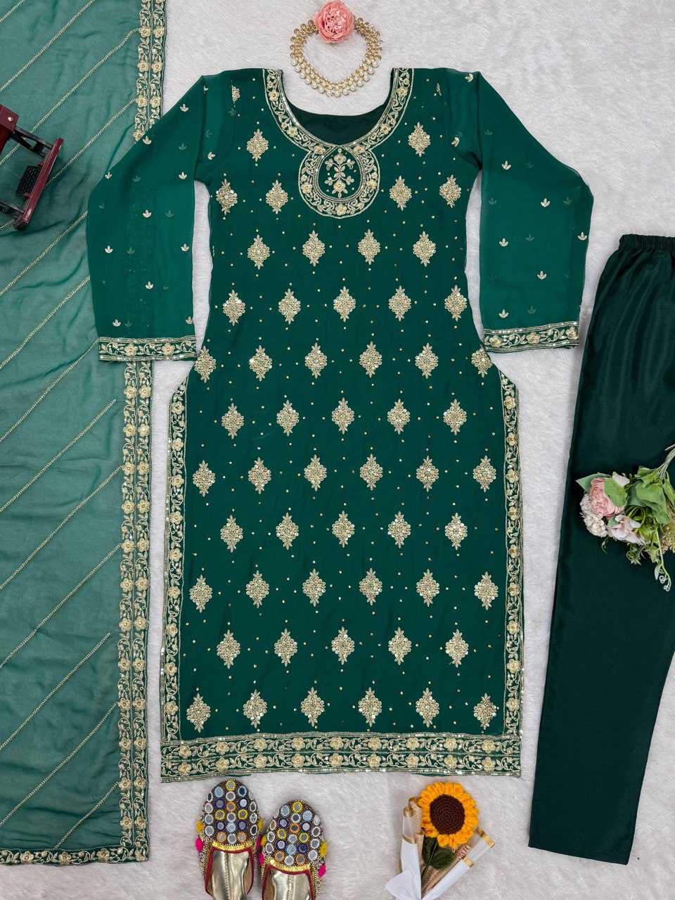 Bottle Green Elegant Threadwork Georgette Ensemble