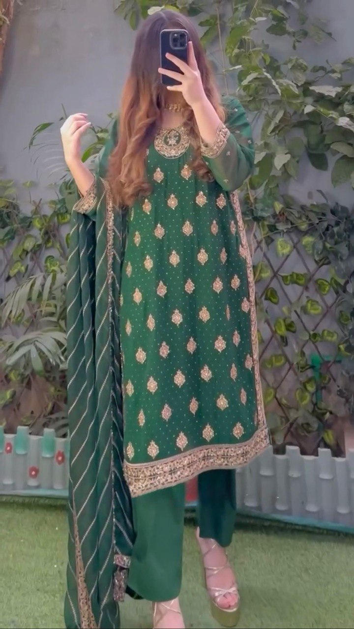 Bottle Green Elegant Threadwork Georgette Ensemble