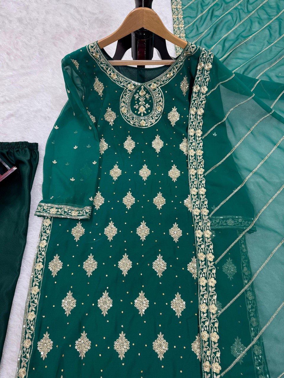 Bottle Green Elegant Threadwork Georgette Ensemble