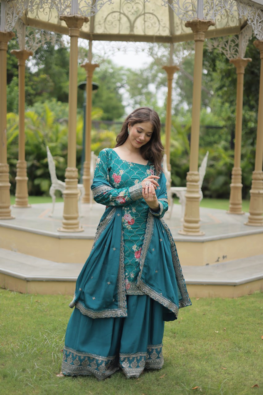 Rama Colour Premium Designer Kurti-Plazzo-Dupatta Set