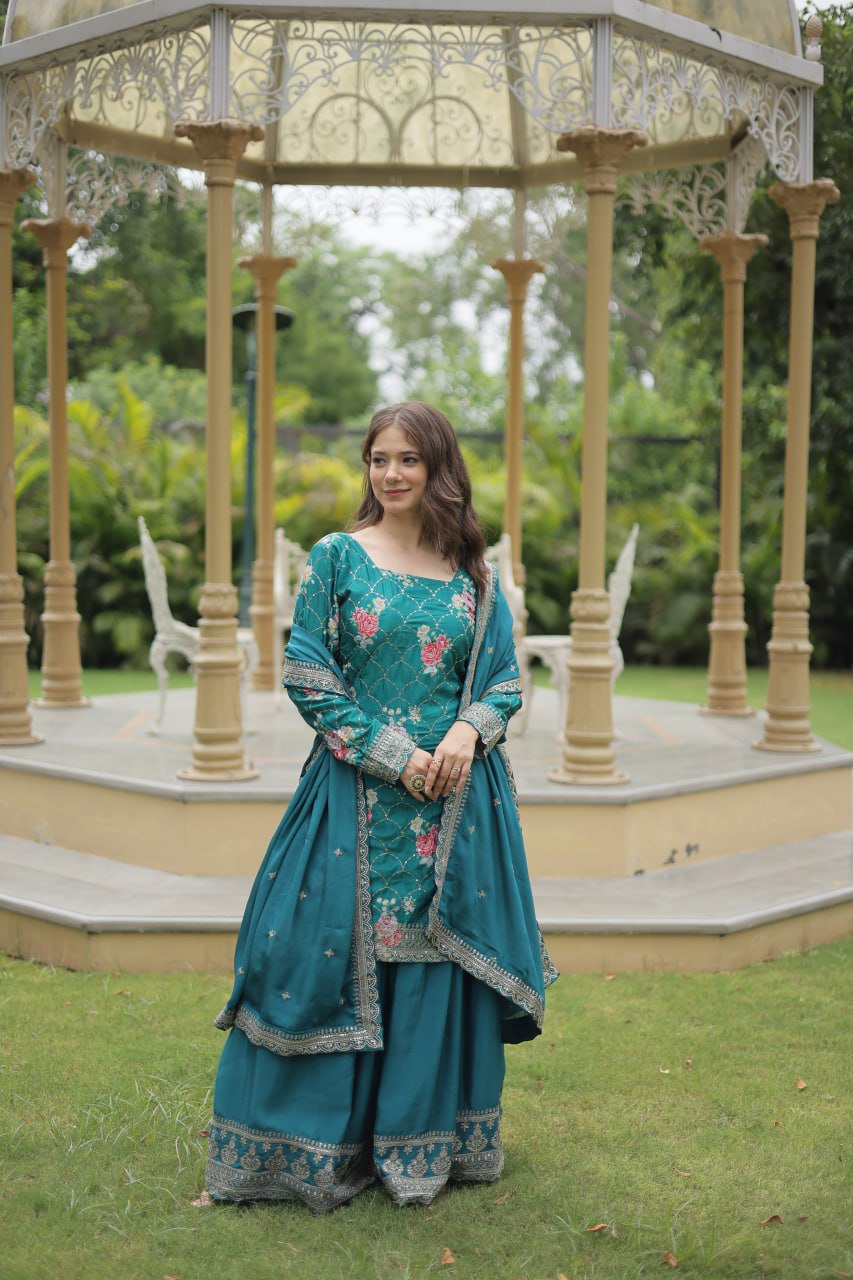 Rama Colour Premium Designer Kurti-Plazzo-Dupatta Set