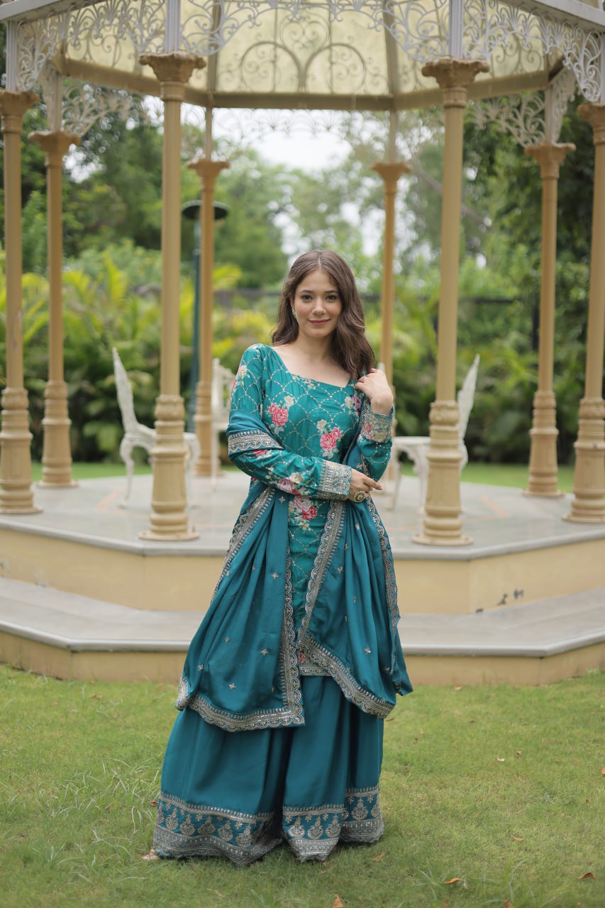 Rama Colour Premium Designer Kurti-Plazzo-Dupatta Set