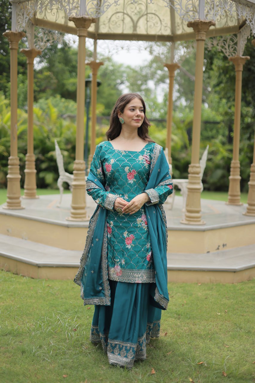 Rama Colour Premium Designer Kurti-Plazzo-Dupatta Set