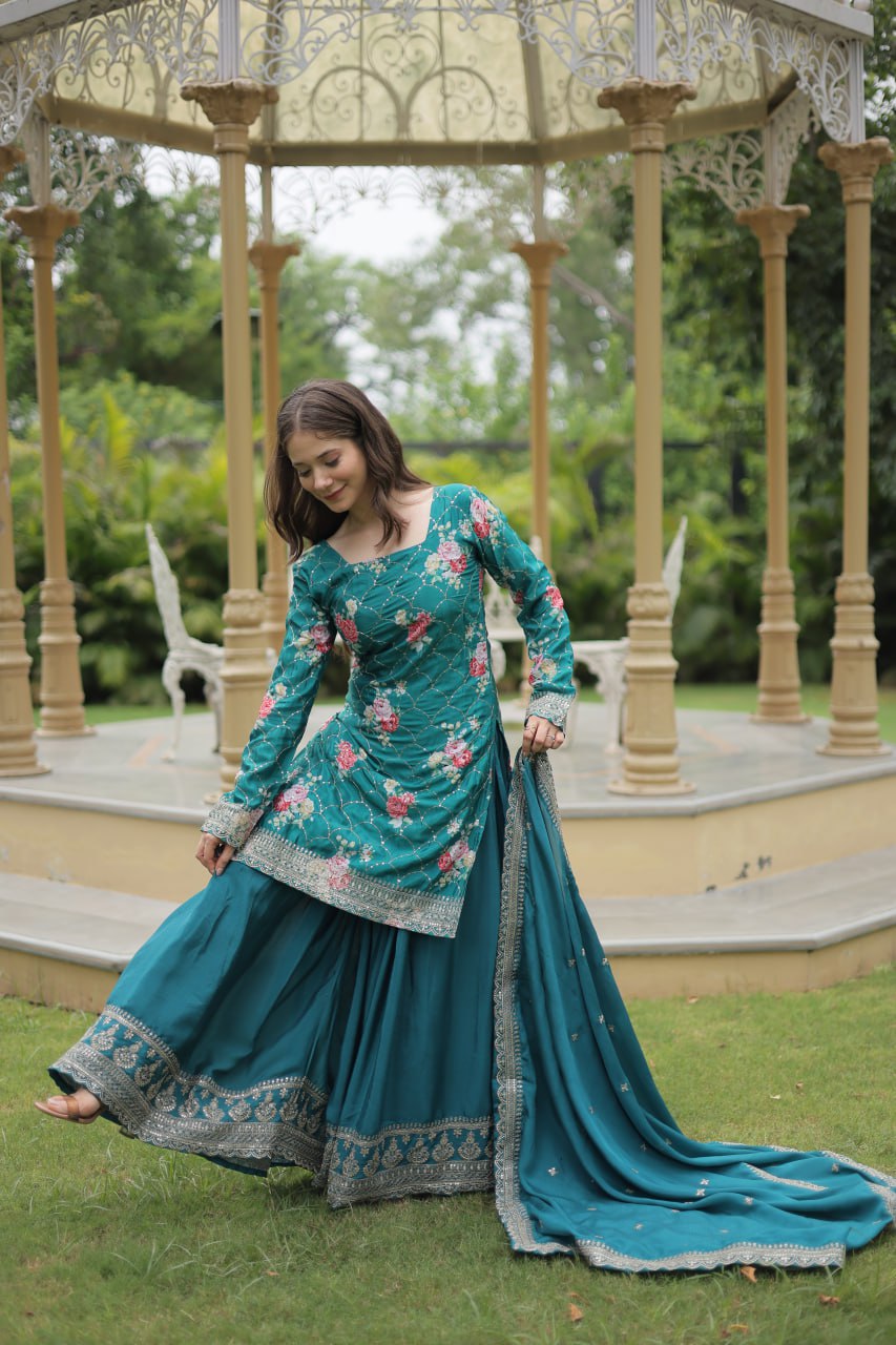 Rama Colour Premium Designer Kurti-Plazzo-Dupatta Set