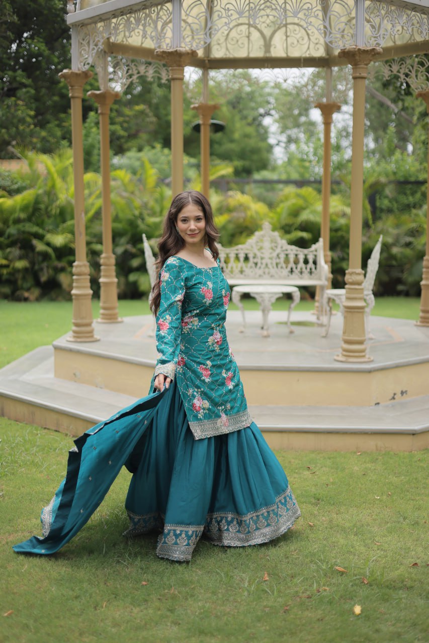 Rama Colour Premium Designer Kurti-Plazzo-Dupatta Set