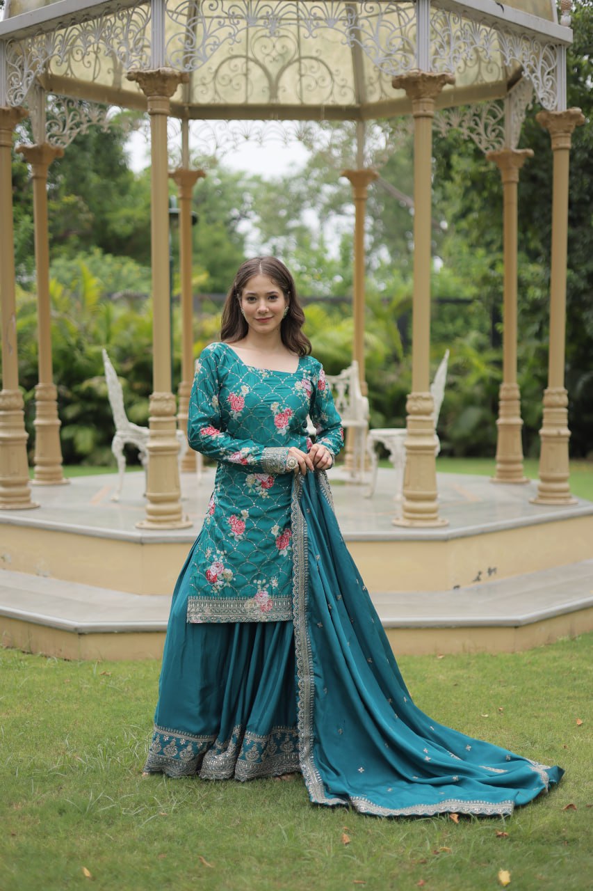 Rama Colour Premium Designer Kurti-Plazzo-Dupatta Set