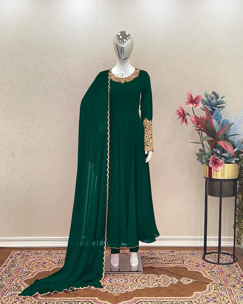 Rama Colour Premium Designer Party Wear Anarkali Gown, Dupatta & Bottom Set