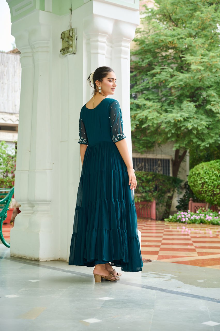 Rama Designer Faux Blooming Embroidered Gown with Bead Work