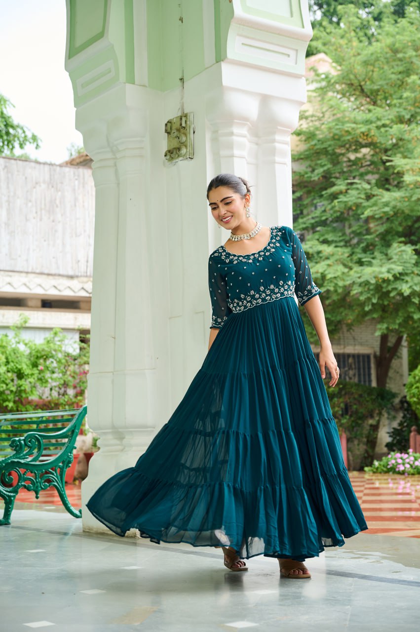 Rama Designer Faux Blooming Embroidered Gown with Bead Work
