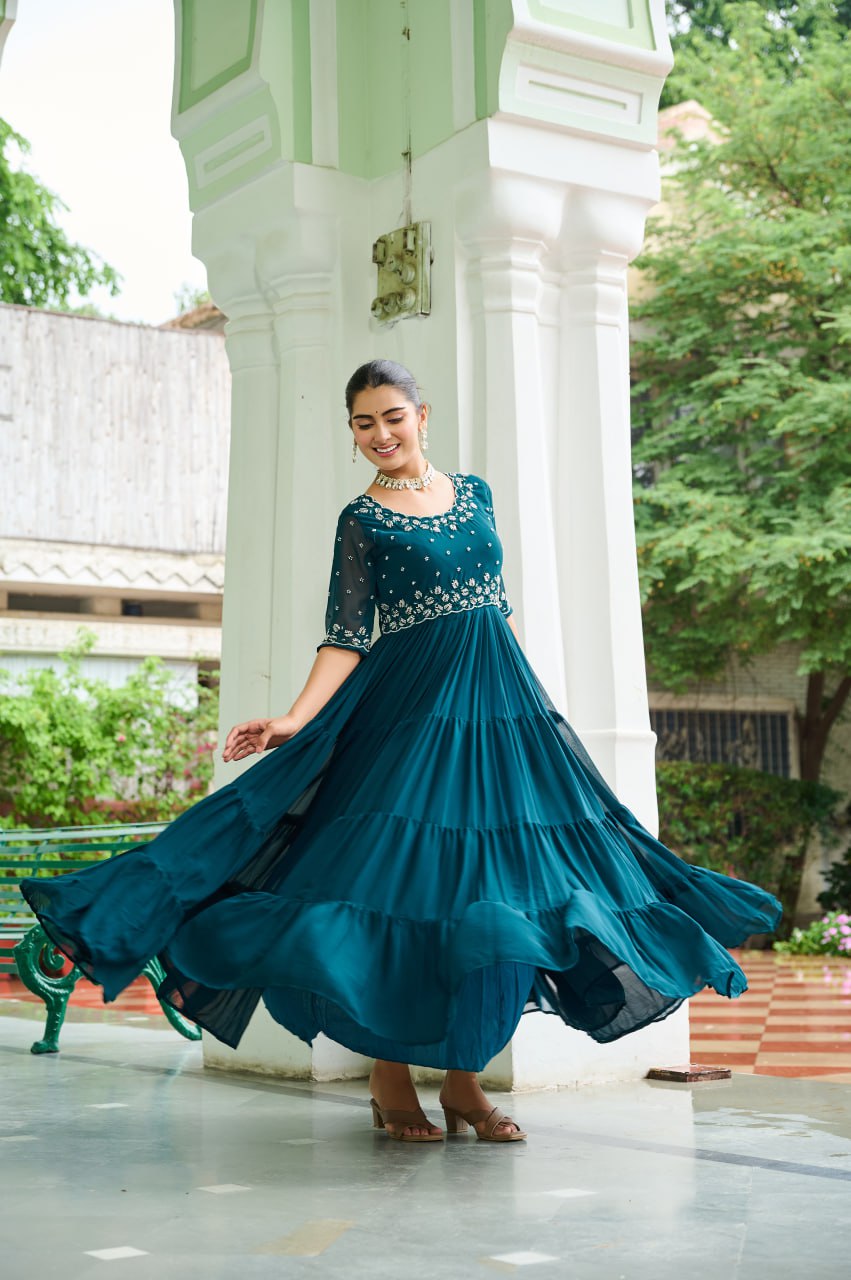 Rama Designer Faux Blooming Embroidered Gown with Bead Work