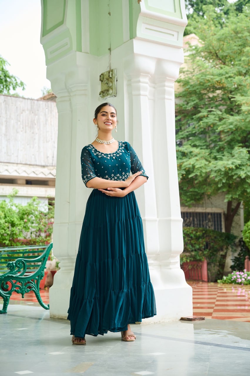 Rama Designer Faux Blooming Embroidered Gown with Bead Work