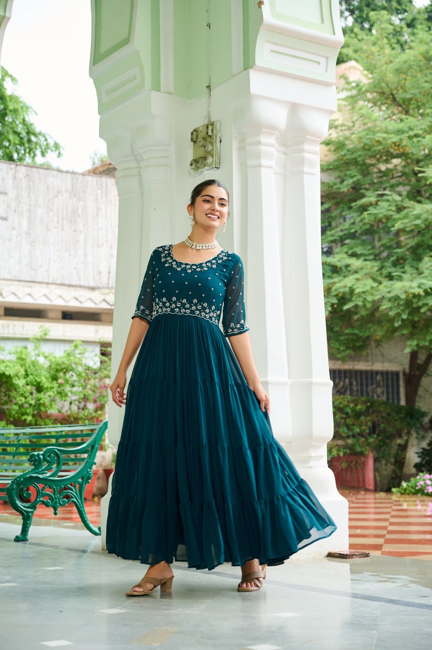 Rama Designer Faux Blooming Embroidered Gown with Bead Work