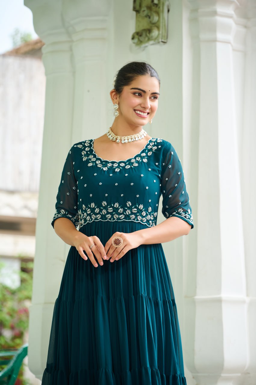 Rama Designer Faux Blooming Embroidered Gown with Bead Work